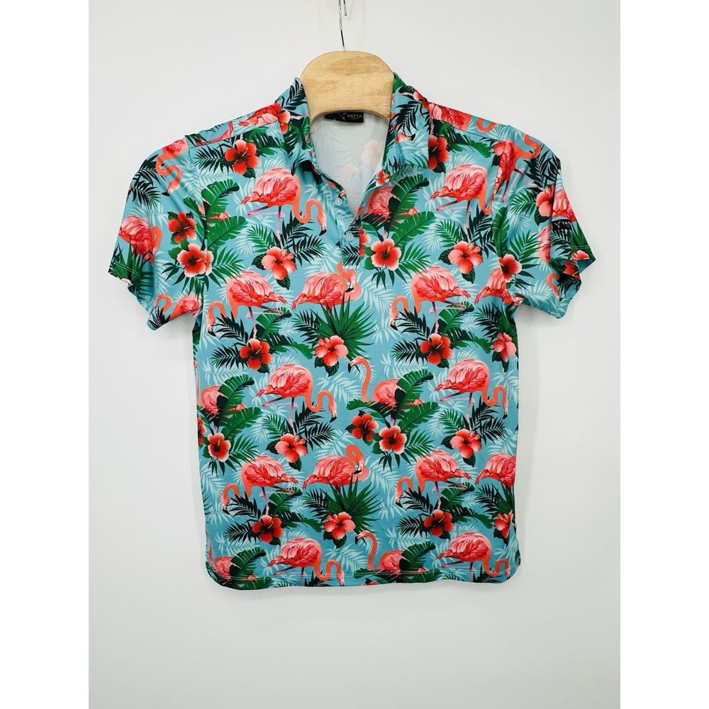 Yatta Polo Shirt Men's Medium Blue‎ Floral Polyester Stretch Golf Short Sleeve